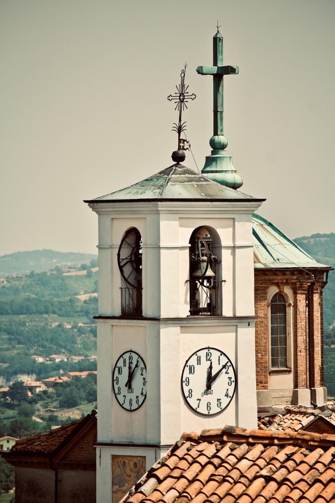 bell tower, church, watch, architecture, construction, landscape, torre, cross, trip, piemonte, old, roof, shingles, country, square