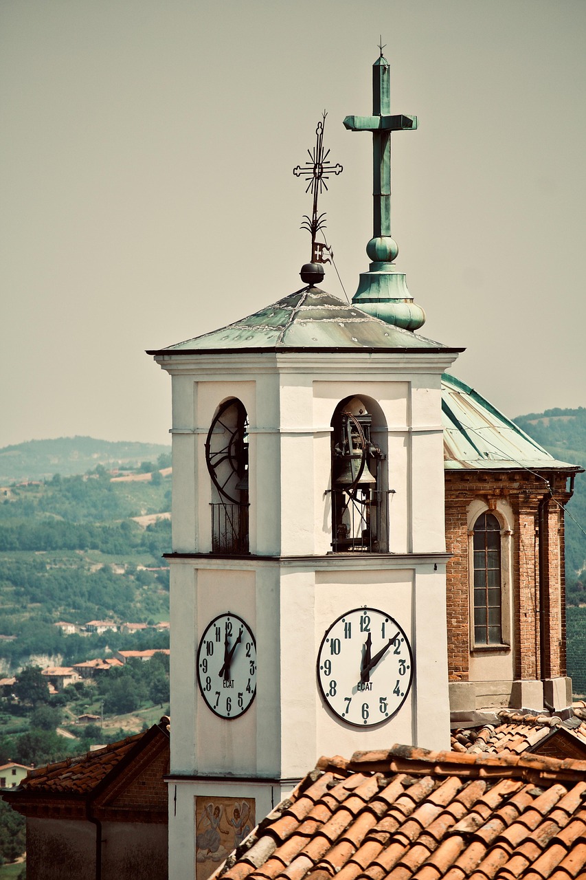 bell tower, church, watch, architecture, construction, landscape, torre, cross, trip, piemonte, old, roof, shingles, country, square