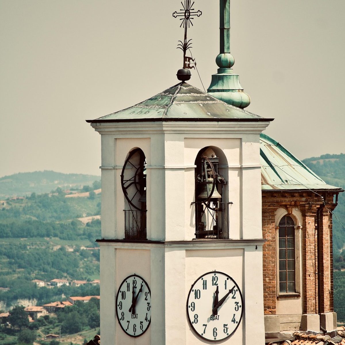 bell tower, church, watch, architecture, construction, landscape, torre, cross, trip, piemonte, old, roof, shingles, country, square